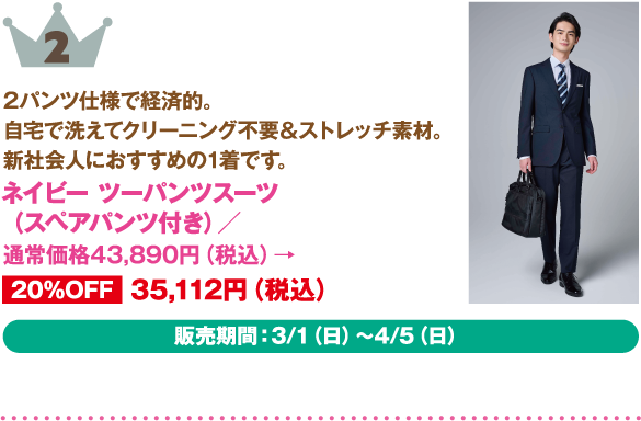 2位：ネイビー ツーパンツスーツ（スペアパンツ付き）
商品説明: 2パンツ仕様で経済的。自宅で洗えてクリーニング不要＆ストレッチ素材。新社会人におすすめの1着です。                
価格: 通常価格43,890円（税込）→ 20%OFF 35,112円（税込）
販売期間：3/1（日）～4/5（日）。