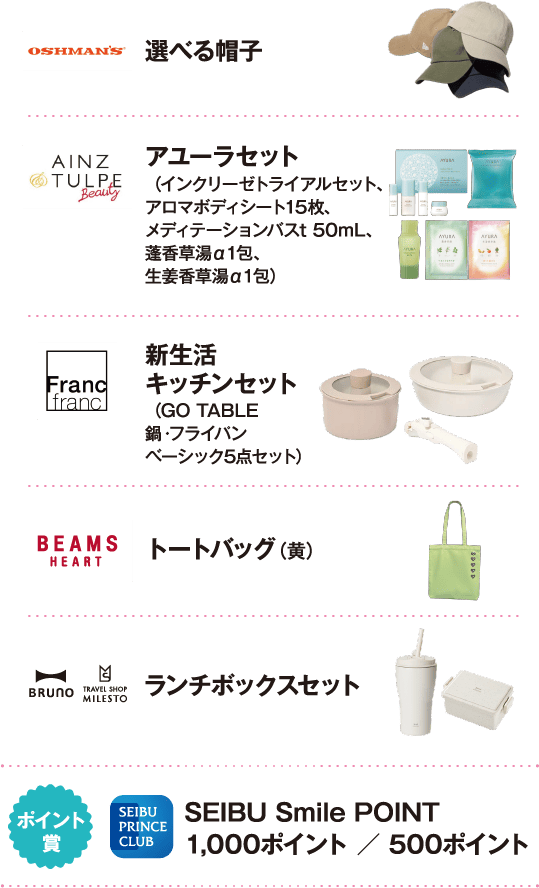 OSHMAN'S：選べる帽子
                    AINZ & TULPE Beauty：アユーラセット（インクリーゼトライアルセット、アロマボディシート15枚、メディテーションバスt 50mL、蓬香草湯α1包、生姜香草湯α1包）
Francfranc：新生活キッチンセット（GO TABLE 鍋・フライパン ベーシック5点セット）
BEAMS HEART：トートバッグ（黄）
BRUNO / TRAVEL SHOP MILESTO：ランチボックスセット
ポイント賞（SEIBU PRINCE CLUB）：SEIBU Smile POINT 1,000ポイント ／ 500ポイント