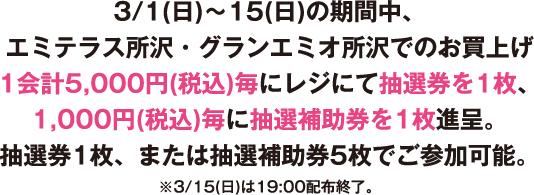 3/1(日)～15(日)の期間中、
エミテラス所沢・グランエミオ所沢でのお買上げ1会計5,000円(税込)毎にレジにて抽選券を1枚、1,000円(税込)毎に抽選補助券を1枚進呈抽選券1枚、または抽選補助券5枚でご参加可能。
※3/15(日)は19:00配布終了。